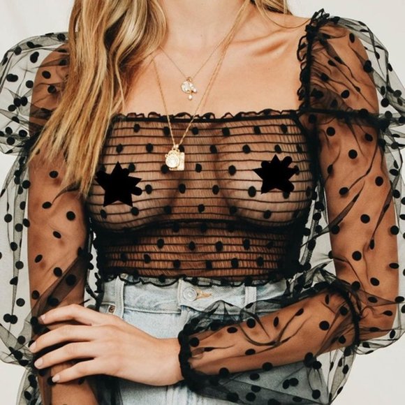 💗 polka dot sheer off -Shoulder top S - Picture 2 of 7